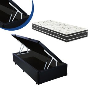 Cama Box Baú Solteiro Colchão Molas Ensacadas + Box Sintético Preto 65x88x188 - Preto