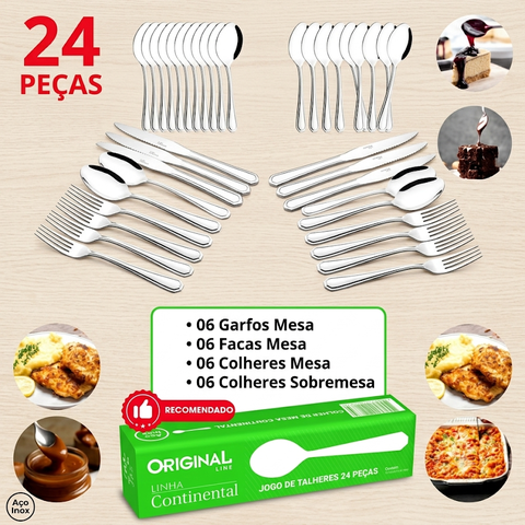 Jogo 24 Peças Talheres Metal Inox Restaurante Original Line