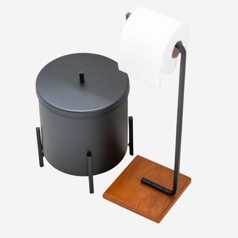 Kit Lixeira e Porta Papel Higiênico de Chão Base Madeira Peroba Banheiro Cozinha Alumínio
