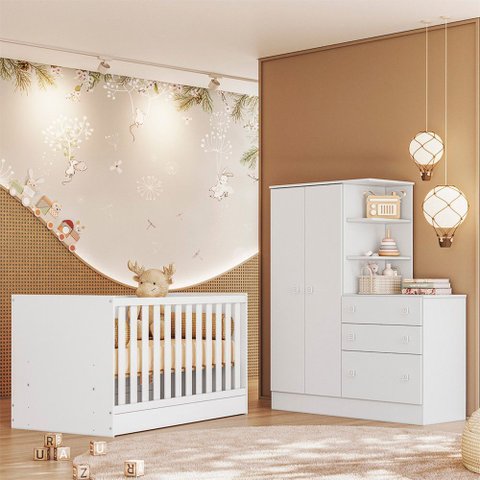 Jogo Quarto Infantil Doce Sonho Reto 2 Peças Berço Guarda Roupas Qmovi