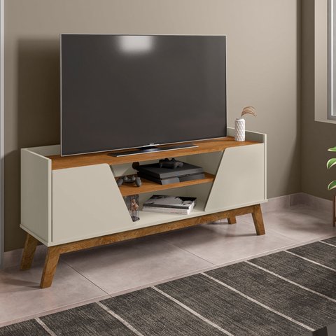 Rack para Tv até 55 Polegadas Ares com 2 Porta e Pés de Madeira Babus - Off White / Naturalle