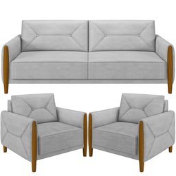Kit Sofá 03 Lugares Sala Estar 220cm Com 02 Poltronas Berilo Pés Madeira M03 Veludo Cinza - Lyam - 1