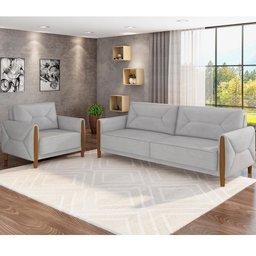Kit Sofá 03 Lugares Sala Estar 220cm Com 02 Poltronas Berilo Pés Madeira M03 Veludo Cinza - Lyam - 2