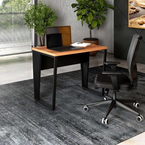 Mesa Industrial Escritório 90cm X 60cm Pés Metal F5 Office Cor:nogal com Preto