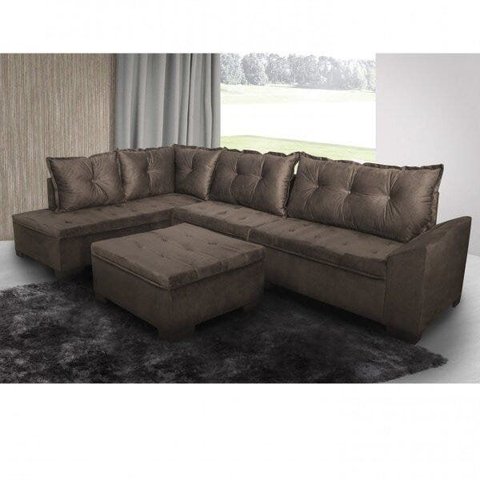 Sofá de Canto 5 Lugares com Chaise 3,30m Suede Marrom