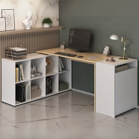 Conjunto Escrivaninha Nero com 8 Nichos e Balcão Cool 2 Portas Branco/Carvalho Artany
