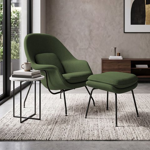 Poltrona Womb Chair com Puff Linho Base Preta Linha Premium Sala Quarto Leitura e Descanso - Verde