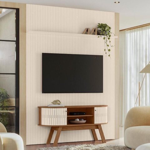 Conjunto New Estoril Painel com Prateleira Aparador Rack Naturale/off-white