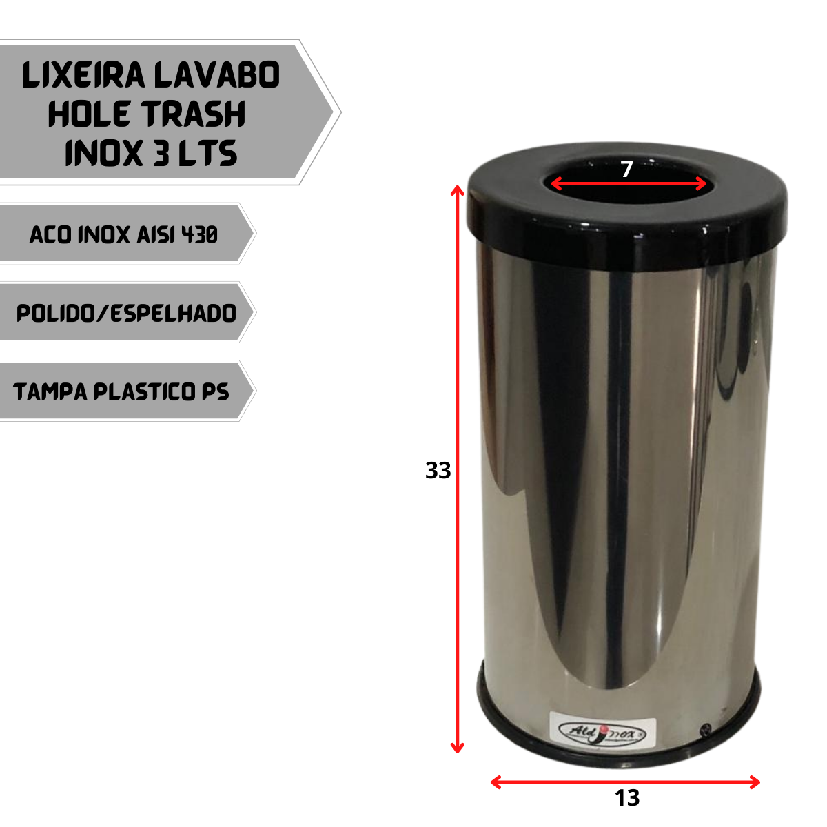 Lixeira Inox Para Lavabo Aro Anti Inseto Hole Trash 3L - 3