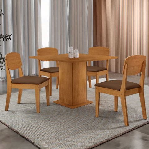 Mesa de Jantar Loren 90cm Tampo Mdf Canto Reto e 4 Cadeiras Copper Moderna Mobília