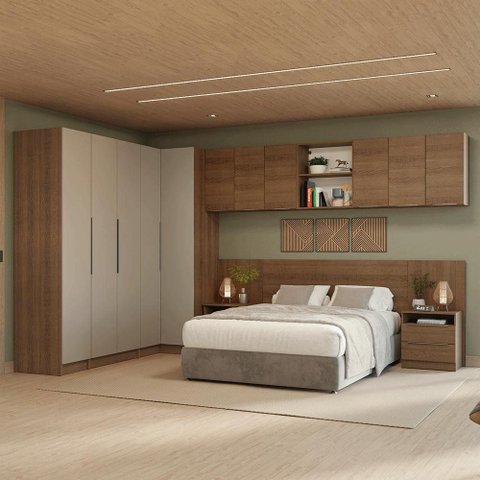Quarto Completo Casal de Canto 580 cm com Mesa de Cabeceira Rustic/Crema Neo Madesa