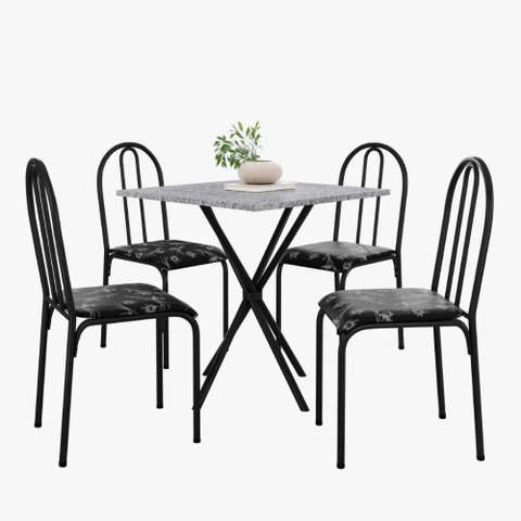 Kit Mesa Diamante 544 Sala de Jantar 4 Cadeiras Pés Tubular Floral/preto