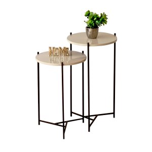 Mesa Lateral Canto Redonda Preta Apoio Sofá ou Cama Madecor Tampos Off White Ferragens Preta