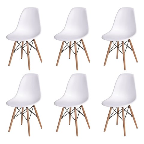 Kit 6 Cadeiras Jantar Eames Eiffel Pés de Madeira com Assento Branco