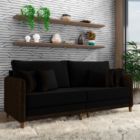 Sofá Montecarlo 3 Lugares 252cm Veludo/pu Preto/marrom