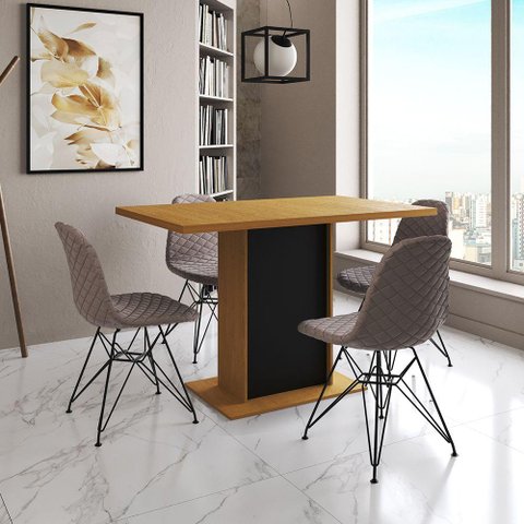 Mesa Jantar Londres Tampo Canela 120cm Base Preta 4 Cadeiras Ferro Preto Estofado Nude Médio