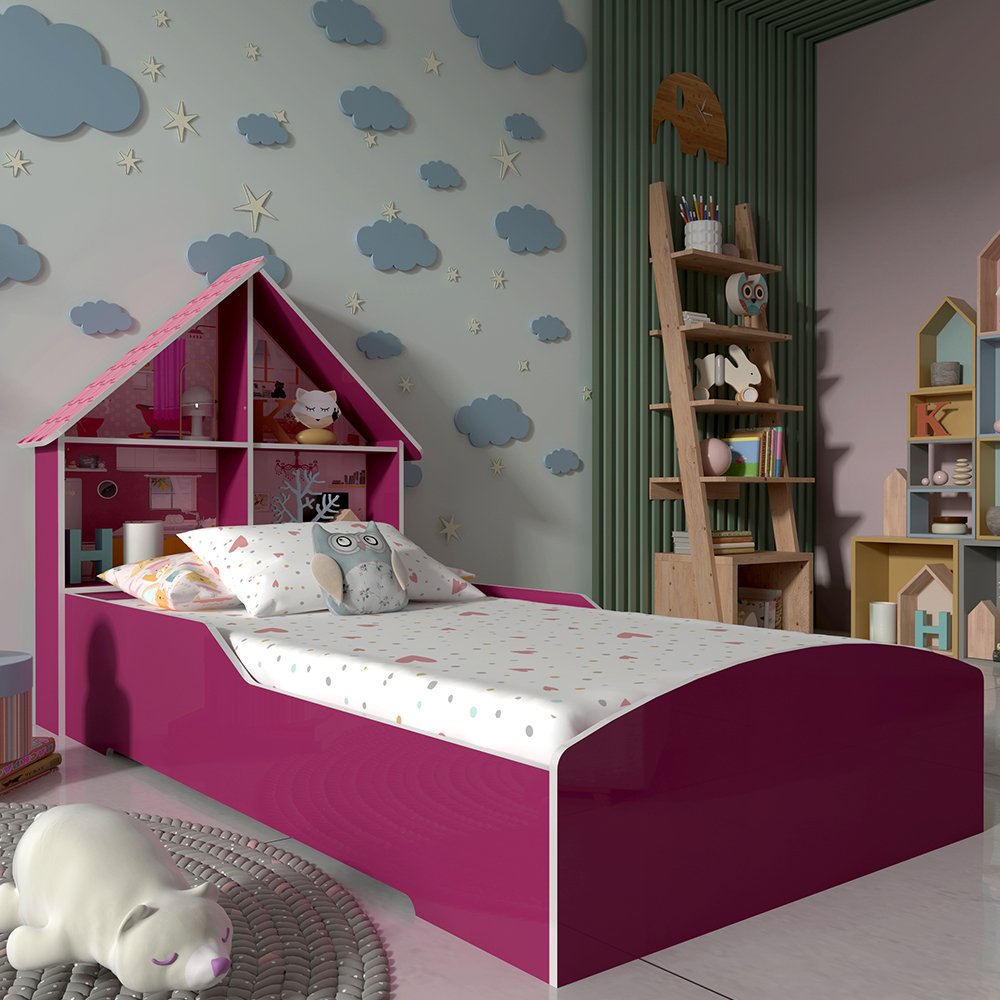 Mini cama Juvenil Infantil Gatinho Branca/Rosa Com Colchão - Móveis Bela