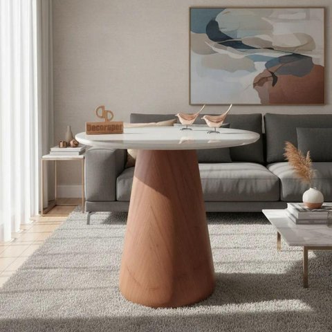 Mesa de Canto Cone Redondo Vidro Madeira 50cm Amadeirado Decoraper