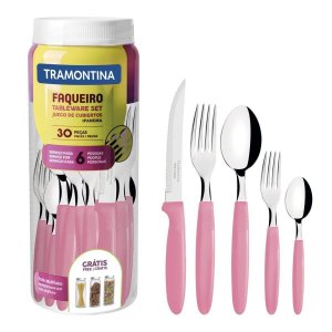Faqueiro Tramontina Inox com Pote Plástico Ipanema 30 Pç Rosa