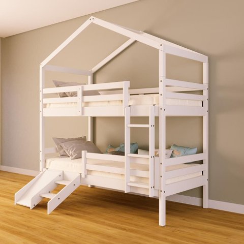 Beliche Solteiro Casinha com Kit Escada/Escorregador Grade Proteção Madeira Maciça Branco