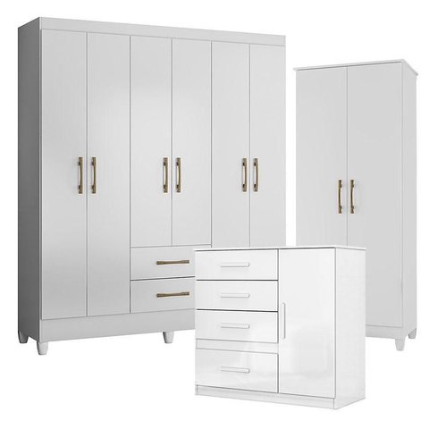 Guarda Roupa Casal Panamá com Cômoda Vênus e Armário Multiuso Jade Branco Brilho– Moval
