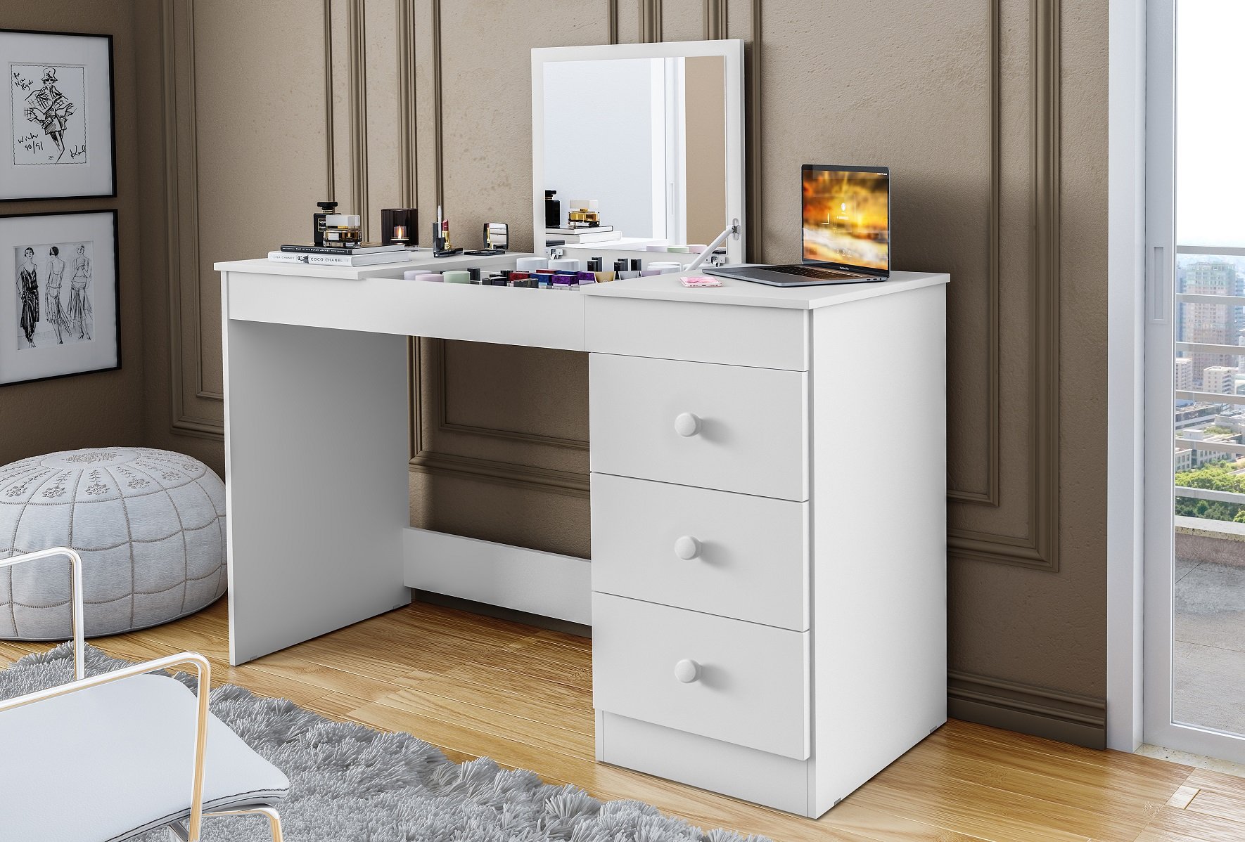 Penteadeira Escrivaninha Isadora 3 Gavetas C/Espelho 100% MDF Branco ...