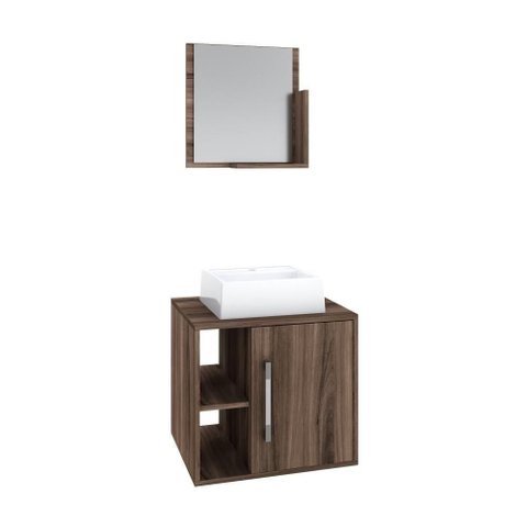 Conjunto Balcão C-cuba Q32 e Espelheira Soft 500 Carvalho Dark C-preto Ônix Nogal