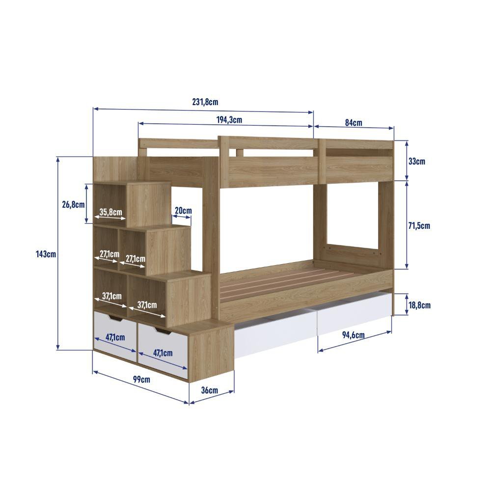 Cama Beliche Infantil com Escada e Nichos com 2 Gavetões Marrom Branco - 3