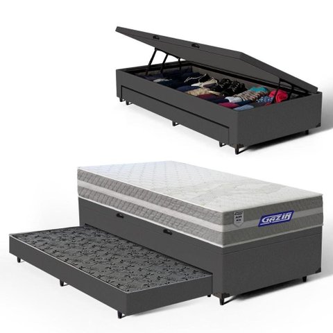 Cama Box Baú com Colchão Gazin de Molas Ensacadas One Face Air Up + Auxiliar de Espuma Solteiro