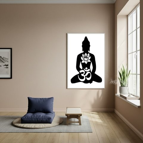 Quadro Silhueta Buda - Flor de Lótus e Símbolo Om - 70x50cm:moldura Branca