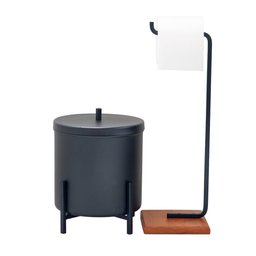 Kit Lixeira Alumínio Banheiro Cozinha com Papeleira Base Madeira Preto Fosco D01 Clique Chique 5798. - 1