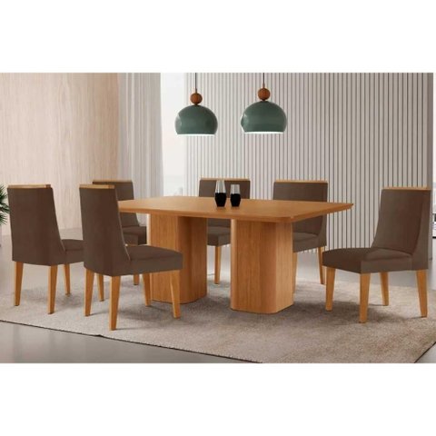 Conjunto: Mesa Sala Jantar Maldivas C/ Tampo Madeirado Canto Curvo 180x90cm e 6 Cadeiras Dakota