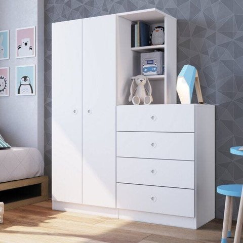 Guarda-Roupas Solteiro Infantil/Juvenil 2 Portas e Cômoda 4 Gavetas Montessoriano Meu Fofinho Branco