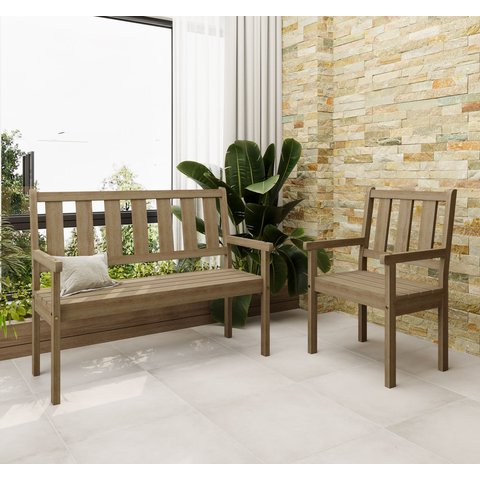 Conjunto Bancos de Jardim 2 Lugares e 1 Lugar Rústico com Encosto Envelhecido Móve Marrom