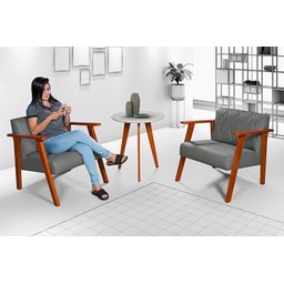 Kit Duas Poltronas Madri Material Sintético + Mesa Lateral:Cinza - 1