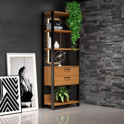Estante Alta Estilo Industrial 2 Gavetas E91 Freijó/preto Fosco - Pradel