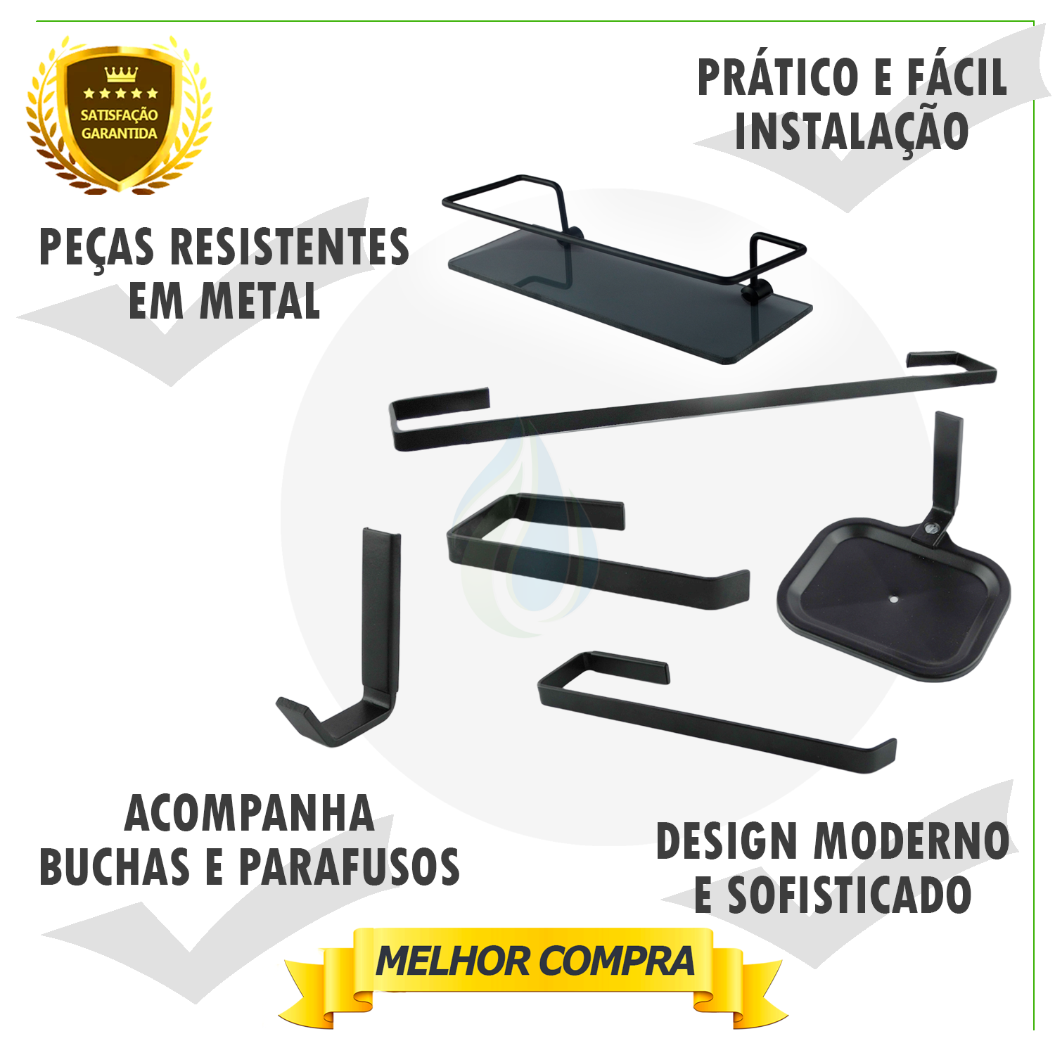 Kit Acessórios para Banheiro Quadrado Aço Inox 6 Peças com Porta Shampoo Vidro Retangular Preto Fosc - 2