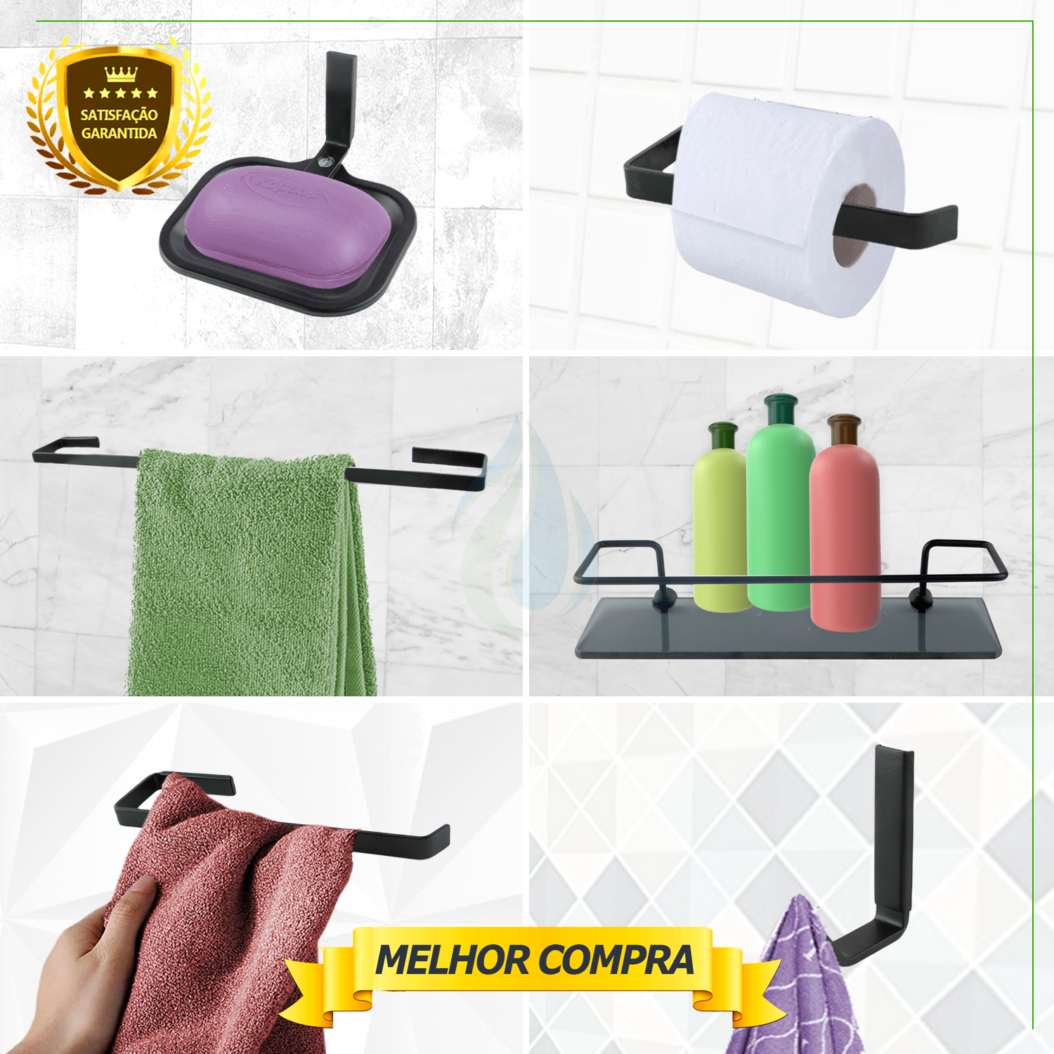 Kit Acessórios para Banheiro Quadrado Aço Inox 6 Peças com Porta Shampoo Vidro Retangular Preto Fosc - 4