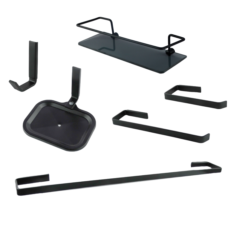 Kit Acessórios para Banheiro Quadrado Aço Inox 6 Peças com Porta Shampoo Vidro Retangular Preto Fosc - 1