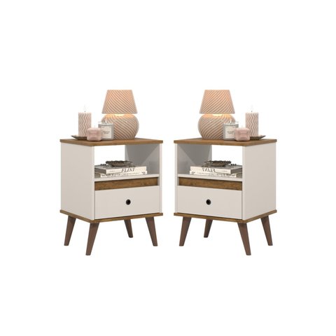 Conjunto 2 Mesa de Cabeceira 1 Gav - Ted - Cores - Off White / Freijó
