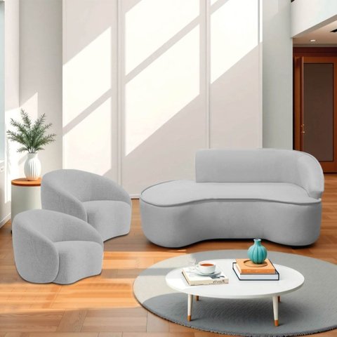 Kit Divã Recamier Orgânico Marrocos 180cm Lado Esquerdo e 2 Poltronas Amore Linho Cinza Claro