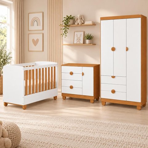 Dormitório Apolo com Guarda Roupa, Cômoda e Berço Branco Fosco/Savana com Colchão Physical -