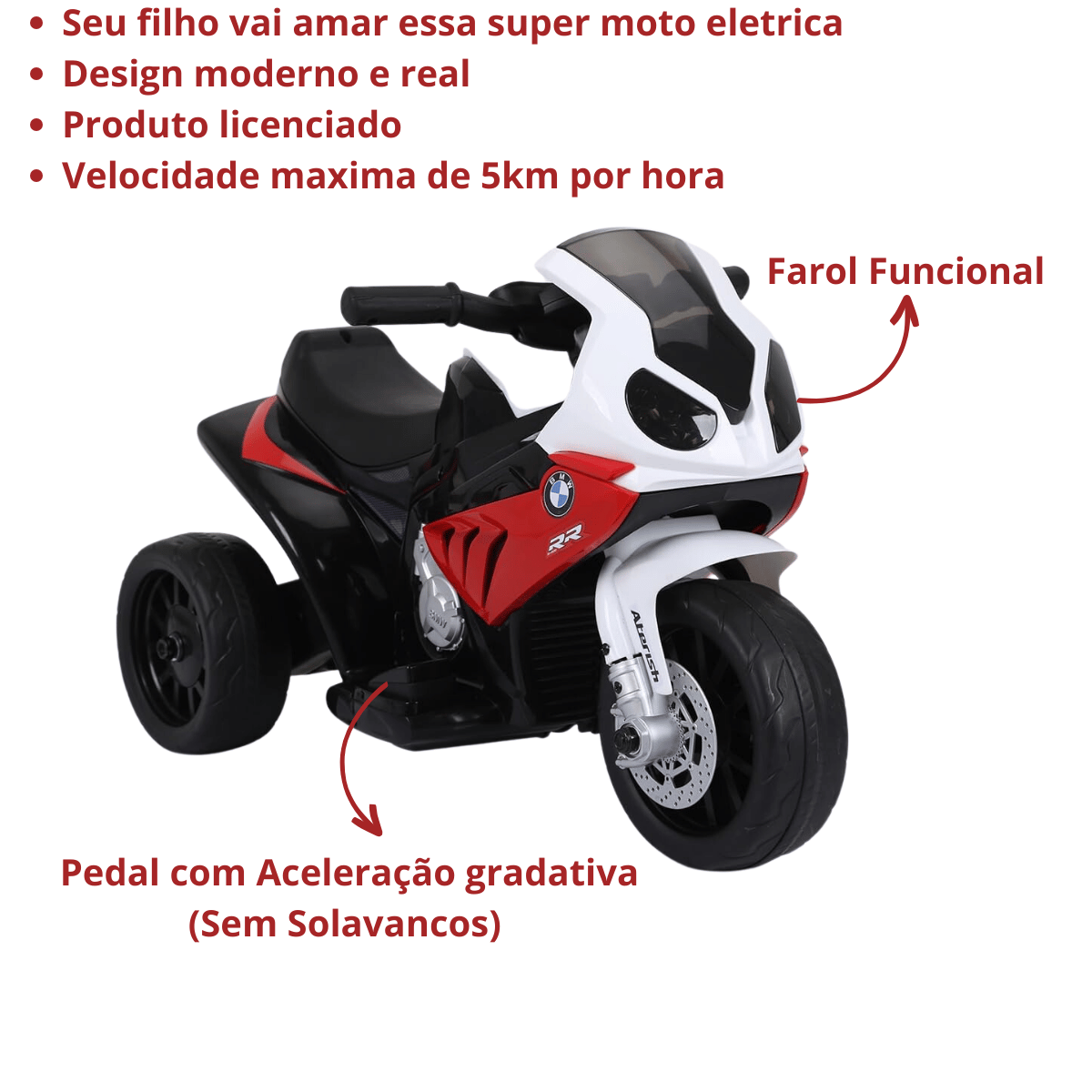 Mini Moto Triciclo Elétrica Infantil Bmw S1000rr Vermelha Esportiva 6v Zippy Toys - 3
