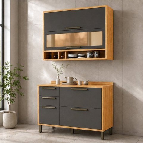 Cozinha Compacta 2 Peças em MDF 4 Portas Amêndoa e Chumbo Espresso Móveis