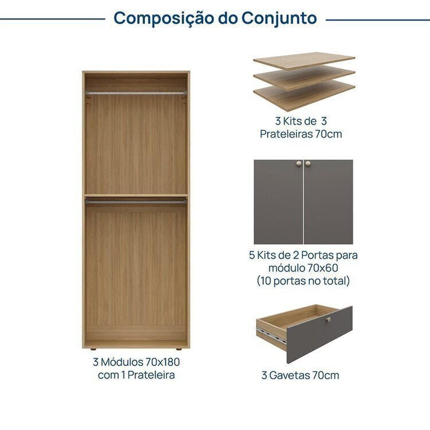 Estante Multiuso Livreiro 3 Módulos 10 Portas 3 Gavetas Frame Cabecasa MadeiraMadeira - 3