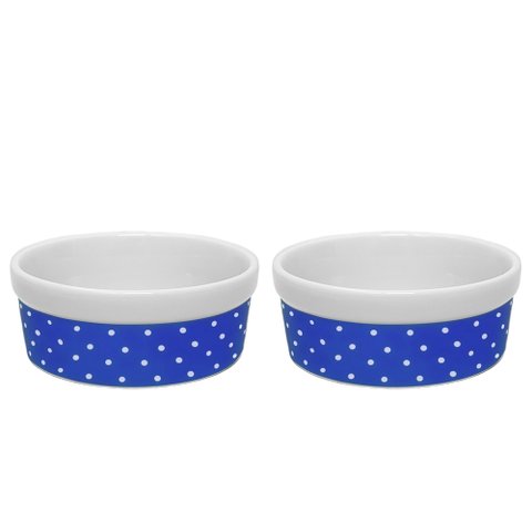 Kit Comedouro e Bebedouro de Porcelana 300ml Azul Bolinhas