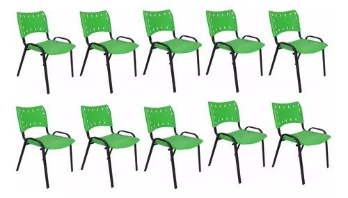 Kit Com 10 Cadeiras Iso Para Escola Escritório Comércio Verde Base Preta - 1