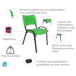 Kit com 10 Cadeiras Iso para Escola Escritório Comércio Verde Base Preta Ecomhome - 8