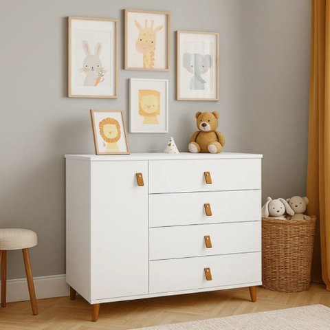 Cômoda Decor Infantil Juvenil Quarto 4 Gavetas 1 Porta Retrô Pés Madeira:branco