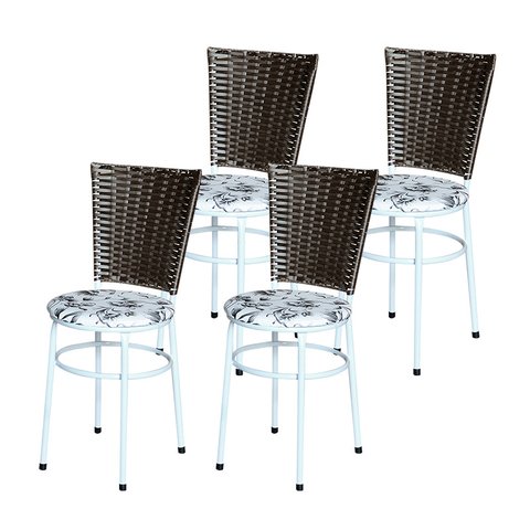 4 Cadeiras para Mesa Branca Hawai Marrom Assento Floral:floral Branco